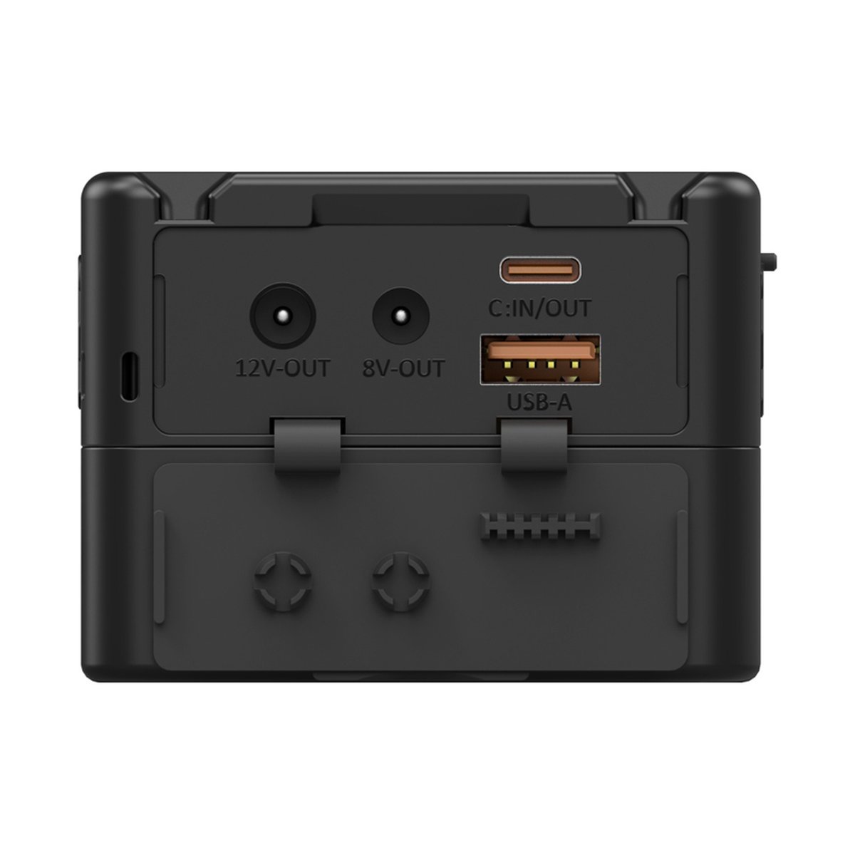 SmallRig 4608 VB99 SE mini V-Mount Akku - Detailansicht der Anschlüsse auf der Oberseite des Geräts: 12V, 8V, USB-C, USB-A