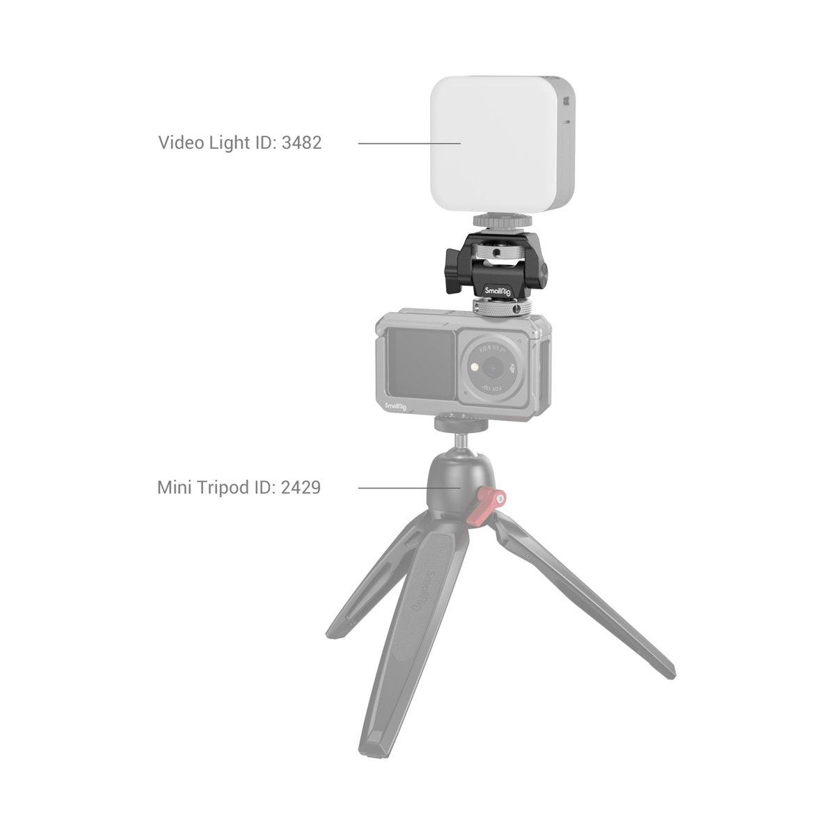 SmallRig 2905B Schwenkbare Monitor- Halterung mit Blitzschuh - Anwendungsbeispiel: Kamera mit Videoleuchte auf Ministativ