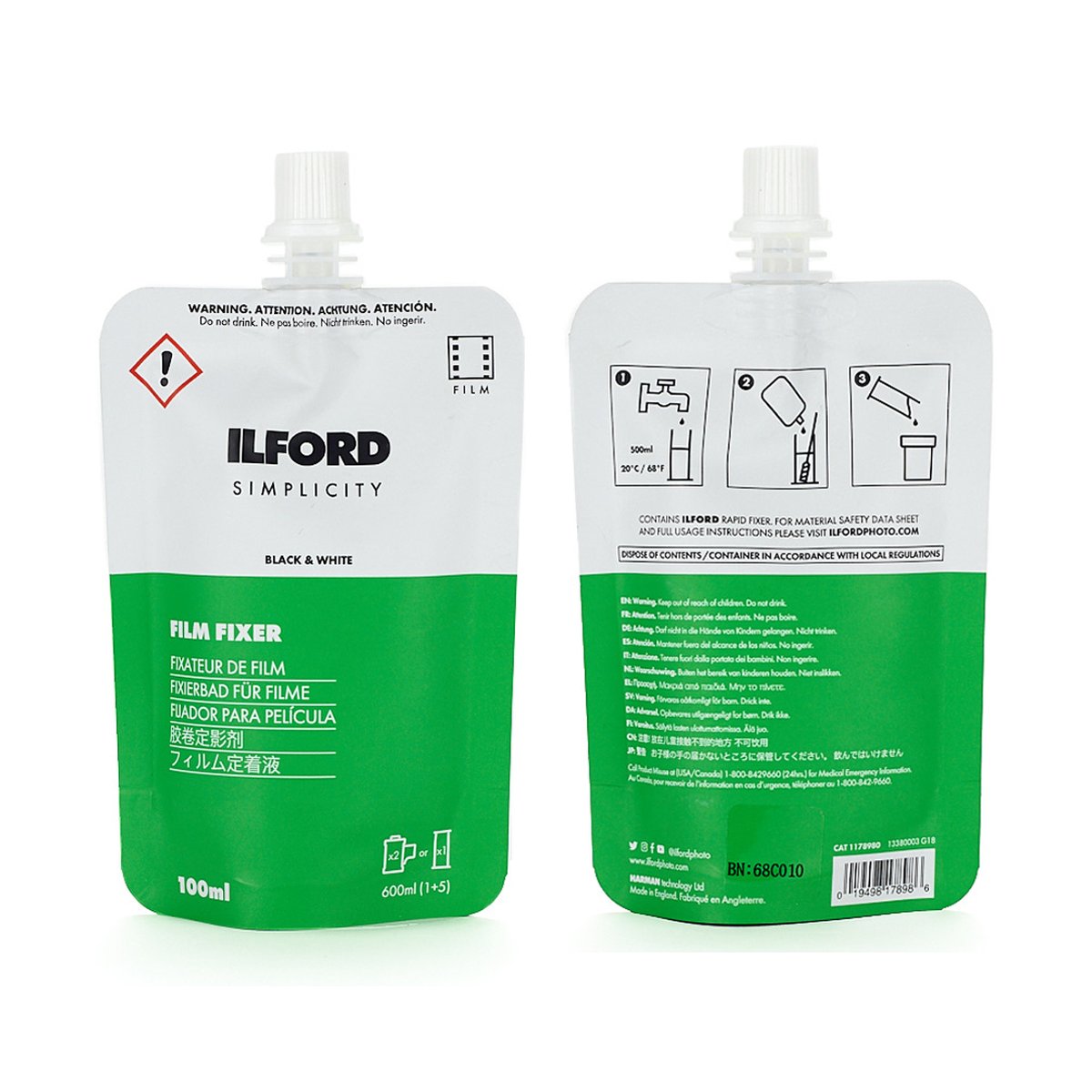 Ilford Simplicity Starter Kit Fotochemie zur SW-Filmentwicklung (2xKB oder 1xRF) - Vorder- und Rückansicht von zwei Ilford Simplicity Film Fixer Beuteln.