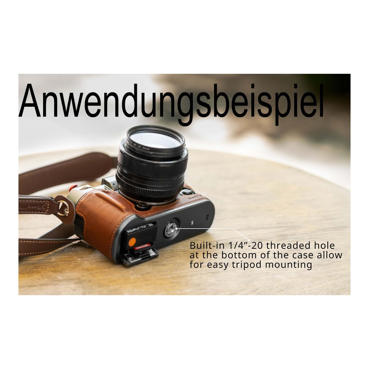 SmallRig 4711 Leather Half Case Kit für Fujifilm X-T50 green - Anwendungsbeispiel: Stativgewinde an der Unterseite der Kameratasche