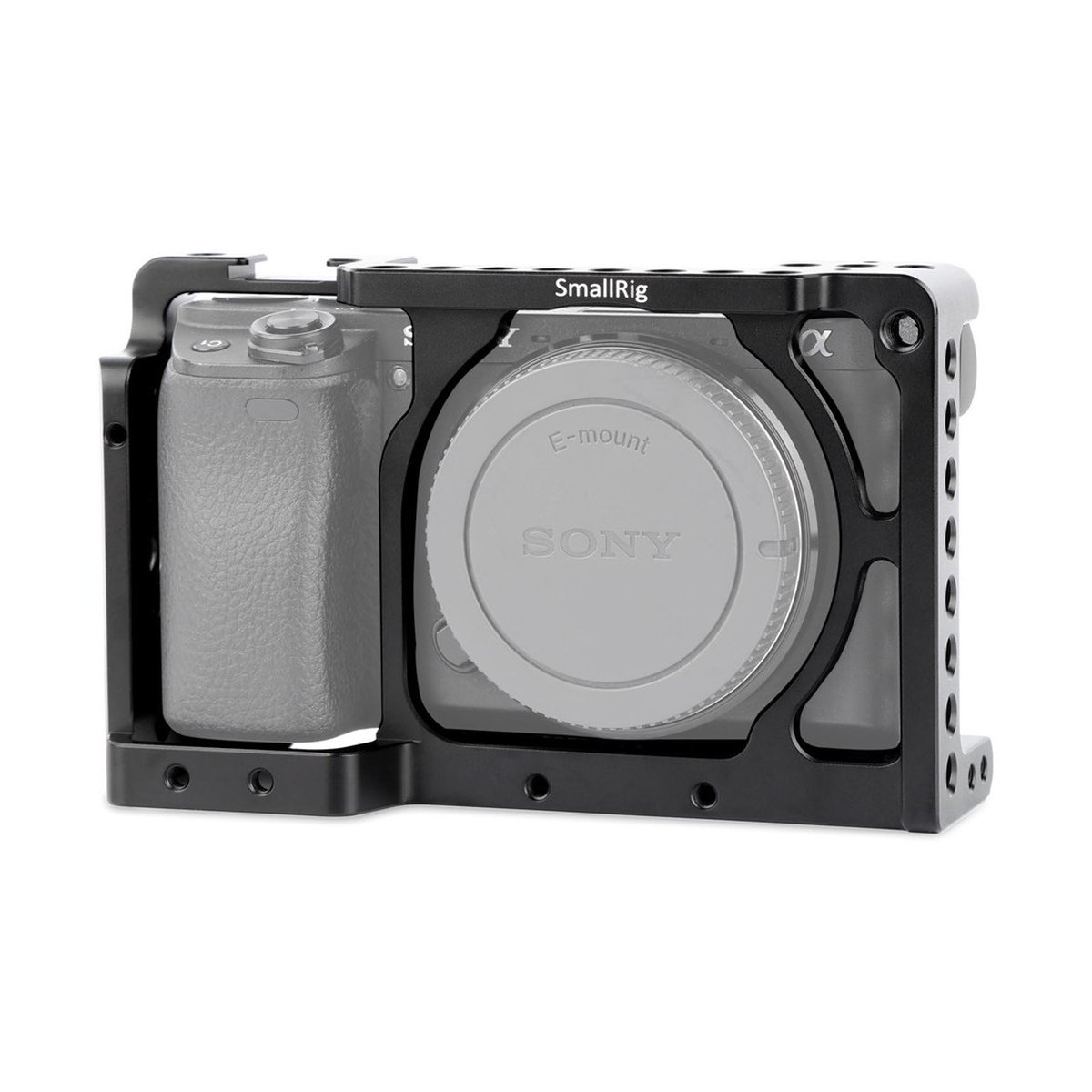 SmallRig 1661 Kamera-Cage für Sony - Anwendungsbeispiel: Frontansicht des SmallRig Kamera-Cages montiert auf einer Sony E-Mount Kamera.