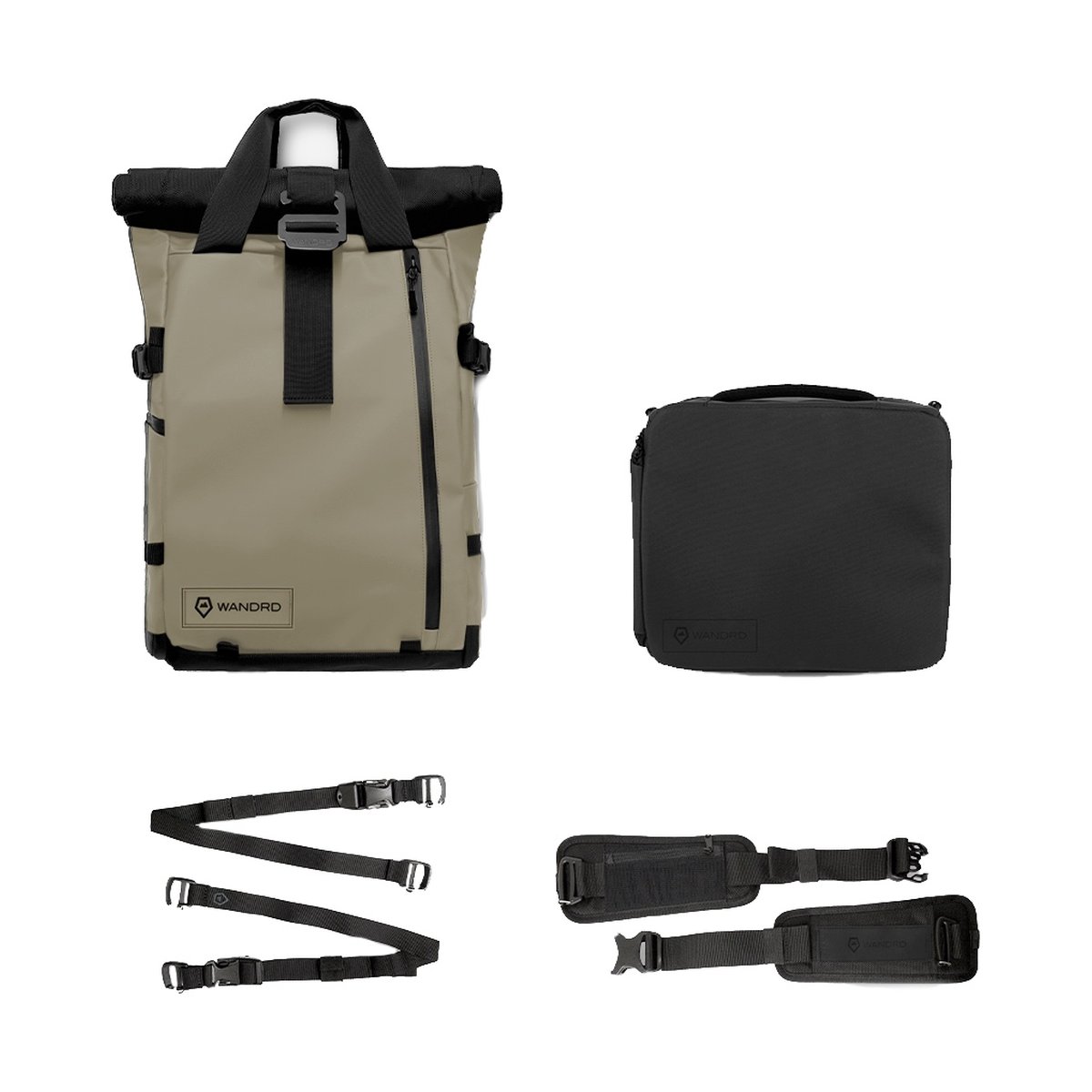WANDRD PRVKE 31-Liter Tan Photo Bundel V3 - Lieferumfang: Beiger Rolltop-Rucksack, schwarzes Kamera-Inlay und verschiedene Befestigungsgurte.