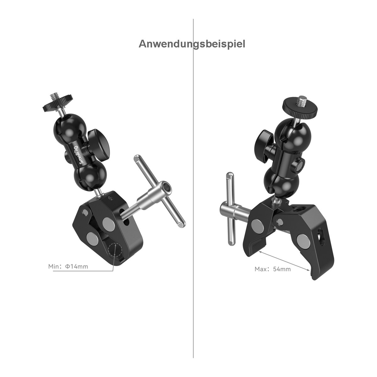 SmallRig 1138B Crab-Shaped Clamp Kit mit Ballhead Gelenkarm - Anwendungsbeispiel Klemmbereich: Min. Ø14mm und Max. 54mm