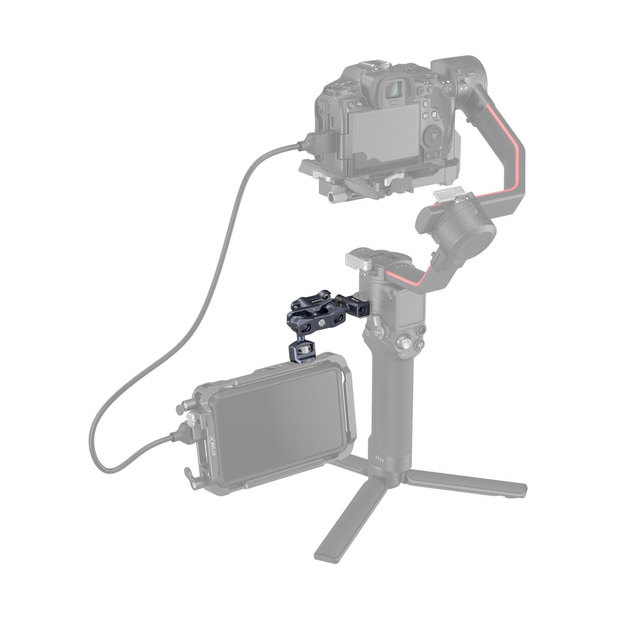 SmallRig 3875 Magic Arm m. Doppelkugel- Kopf (1/4"-20 Schraube+NATO Klemme) - Anwendungsbeispiel: Montagearm verbindet externen Monitor mit Kamera-Gimbal.
