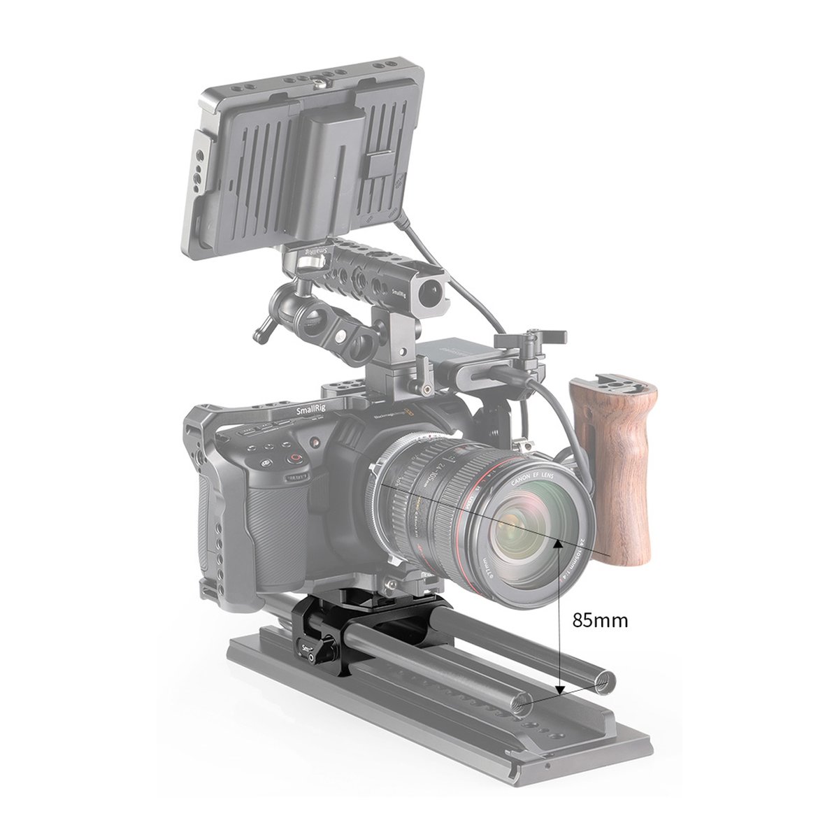 SmallRig Grundplatte 2266B f. BMPCC4K/6K (Manfrotto 501PL kompatibel) - Komplettes Kamerarig mit Monitor und Griff; zeigt 85mm Objektiv-Rod-Abstand.