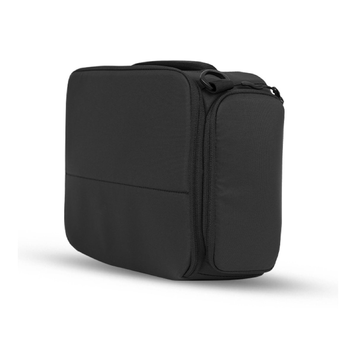 WANDRD HEXAD ACCESS DUFFEL Aegean Blue Photo Bundle Duo + FREE Sling Strap - Schrägansicht einer schwarzen, kompakten Tasche mit Tragegriff und Reißverschluss.