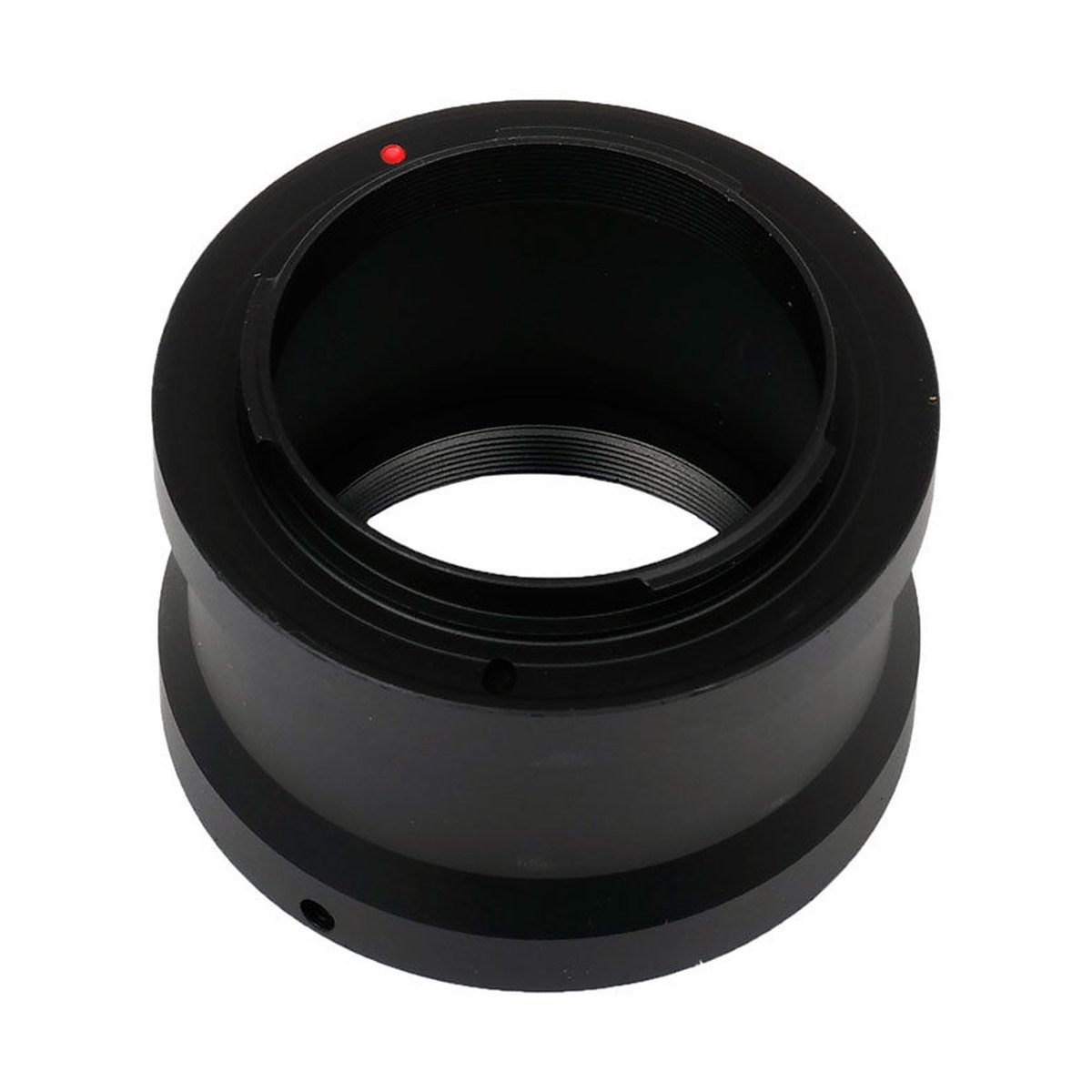 Caruba T-Mount Adapter Sony NEX - Frontansicht des schwarzen Kamera-Adapterrings mit rotem Punkt