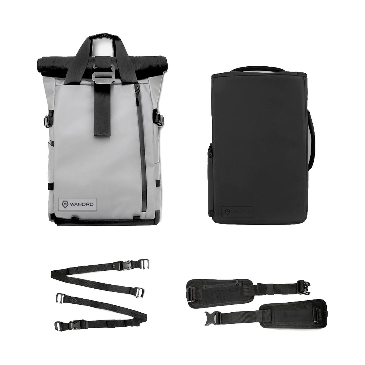 WANDRD PRVKE 31-Liter DisNet Grey Pro Photography Bundle V3 - Lieferumfang: Grauer Rucksack, schwarzer Kamera-Einsatz und diverse Gurte.