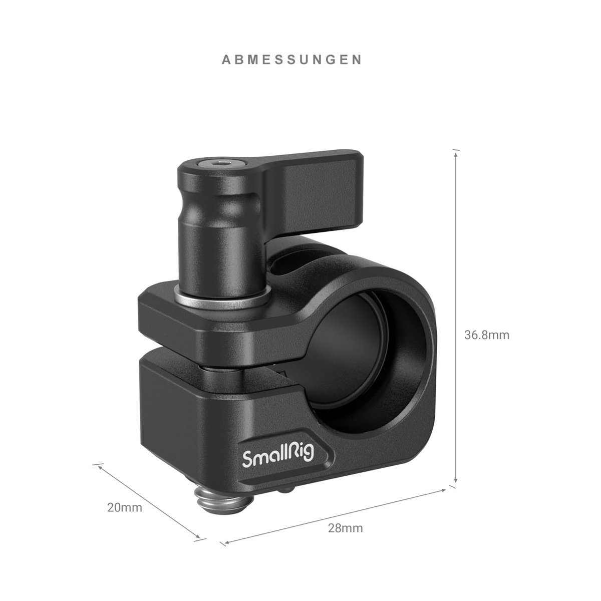 SmallRig 3598 Einzelstabklemme 12 mm / 15 mm - Abmessungen der SmallRig Kameraklemme mit Längen-, Breiten- und Höhenangaben.