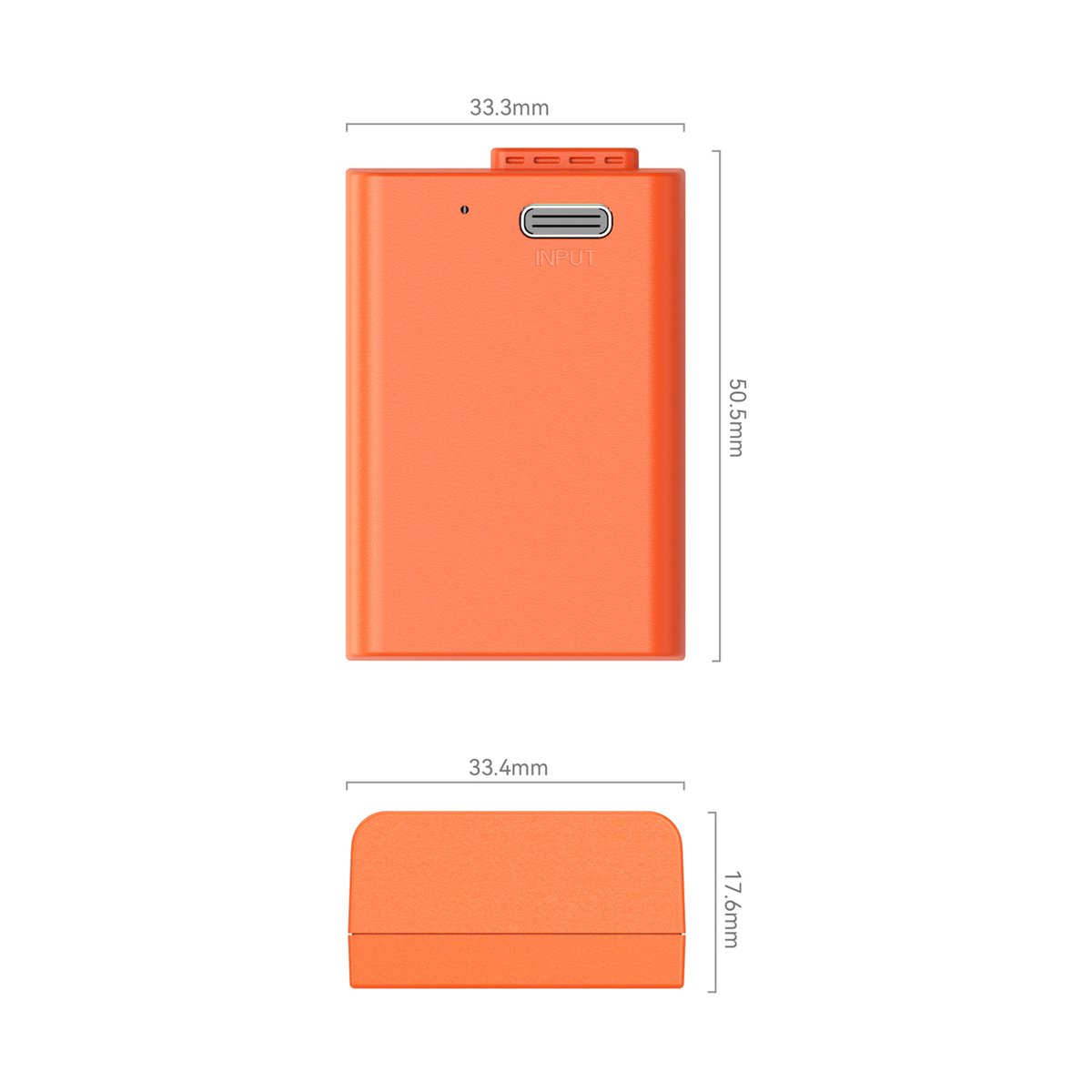 SmallRig 4967 EN-EL25 USB-C Rechargeable Camera Battery (Orange) - Produktdiagramm mit Frontansicht und Ansicht von oben, inklusive aller detaillierten Abmessungen in mm.