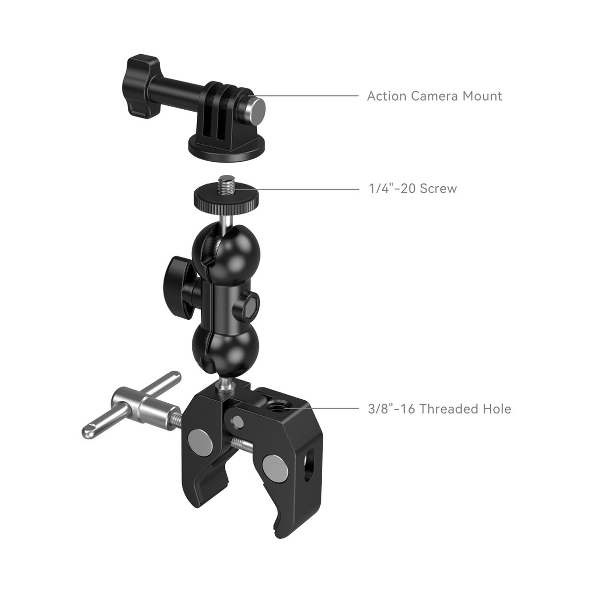 SmallRig 1138B Crab-Shaped Clamp Kit mit Ballhead Gelenkarm - Lieferumfang des Kamera-Klemmhalters: Action-Kamera-Halterung, Kugelgelenkarm und Super-Klemme, beschriftet.