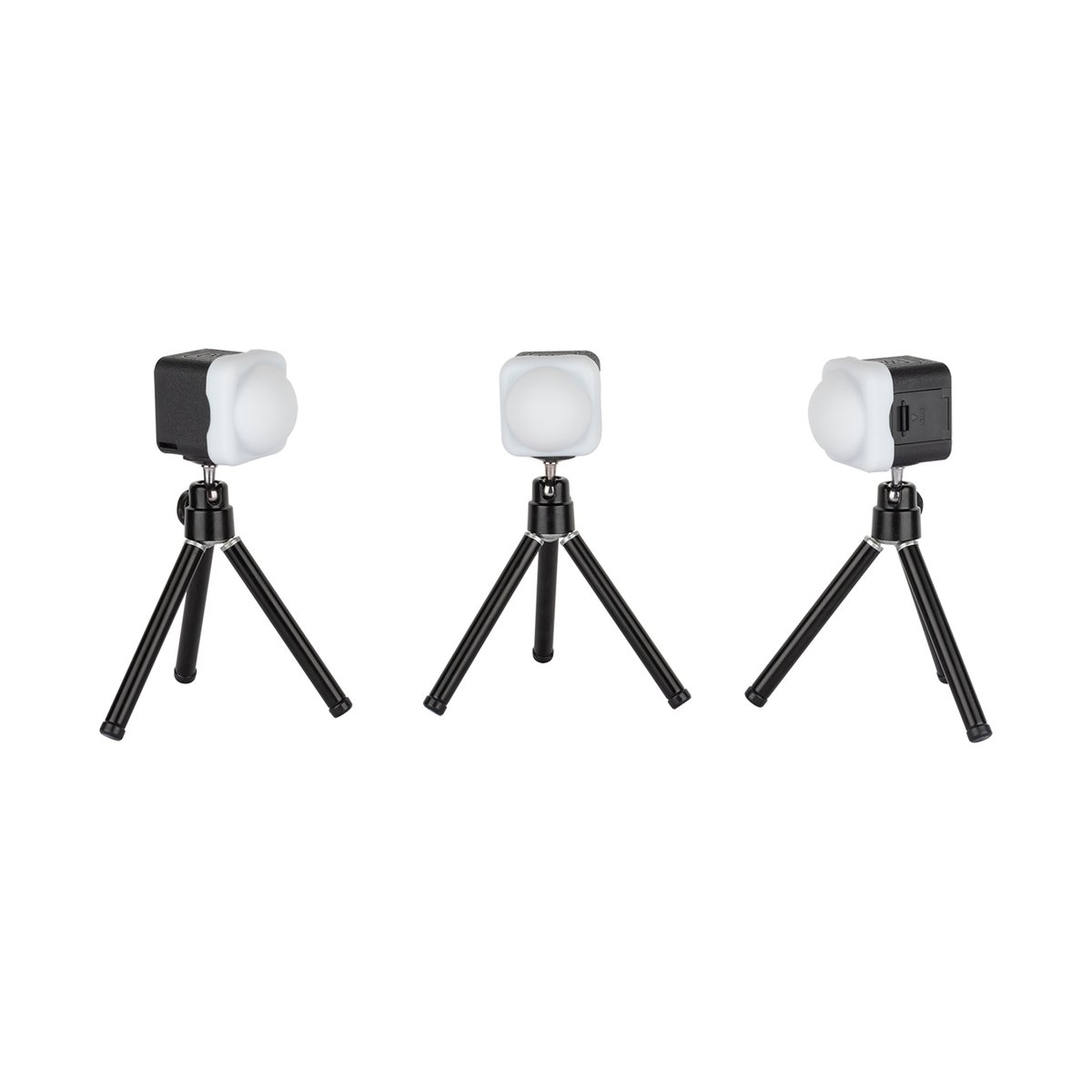 SmallRig 3469 RM01 LED Videolicht Kit - Vorder-, Seiten- und Rückansicht der LED-Leuchte auf Mini-Stativ. SmallRig 3469 RM01 LED Videolicht Kit - Vorder-, Seiten- und Rückansicht der LED-Leuchte auf Mini-Stativ.