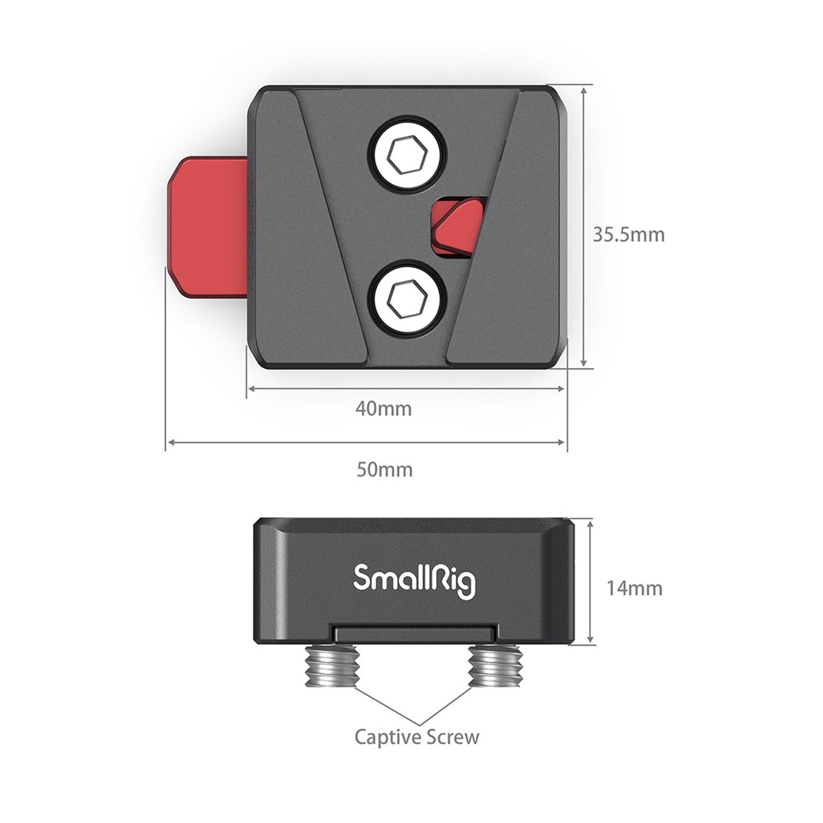 SmallRig 2801B Mini V-Lock Montage Kit - Technische Abmessungen des SmallRig Zubehörs in Draufsicht und Seitenansicht, inklusive Schrauben.