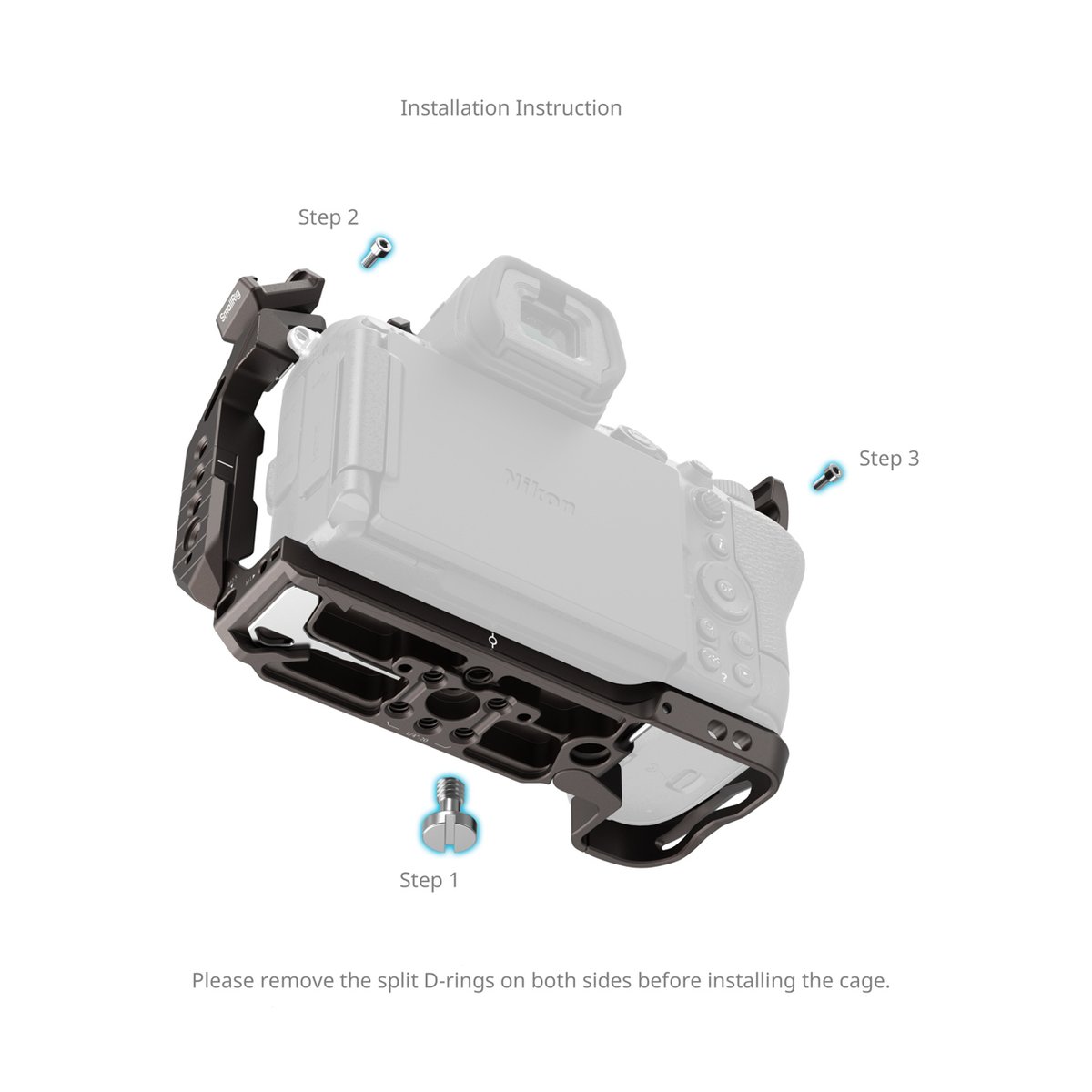 SmallRig 5258 Night Eagle, Cage für Nikon Z5II/5, Z6II/6, Z7II/7 - Montageanleitung Kameracage an Kamera, Schritte 1-3.