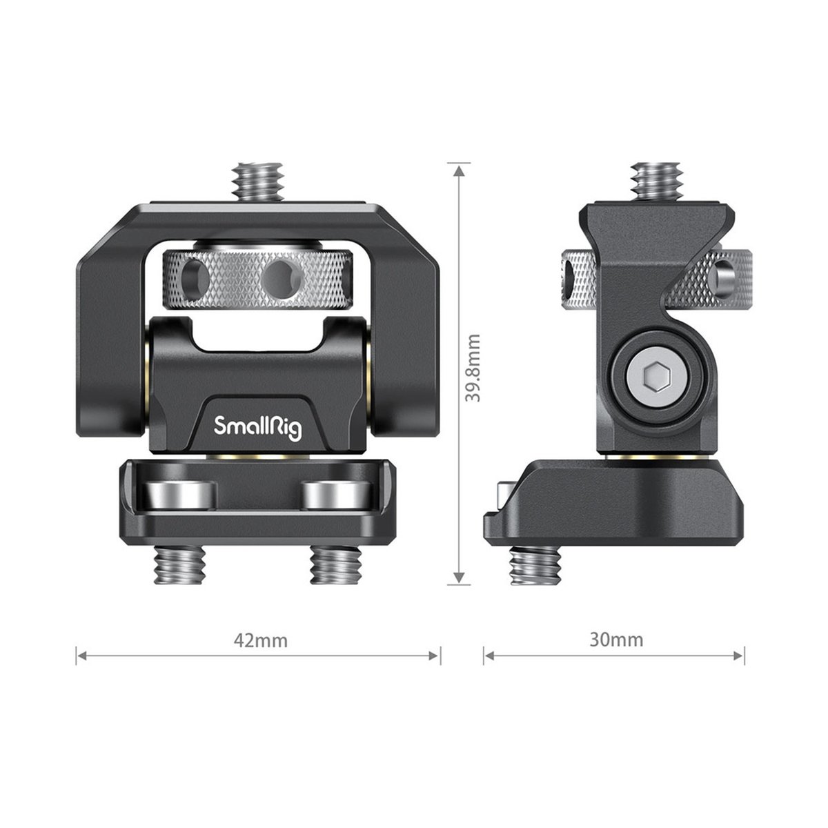 SmallRig 2904B Swivel & Tilt Monitor- Halterung mit zwei 1/4" Schrauben - Vorder- und Seitenansicht des SmallRig-Produkts mit allen Maßen: 42mm breit, 39.8mm hoch, 30mm tief.