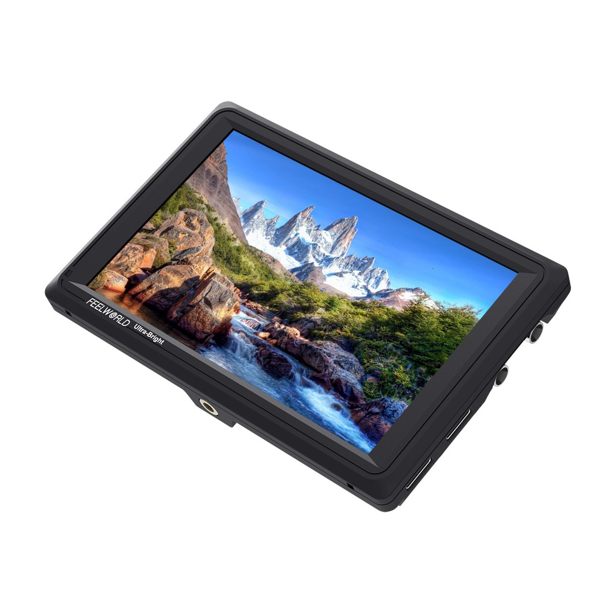 Feelworld 7" 4K FW279S Ultra Bright SDI Monitor - Schräge Frontansicht des Monitors mit aktivem Display