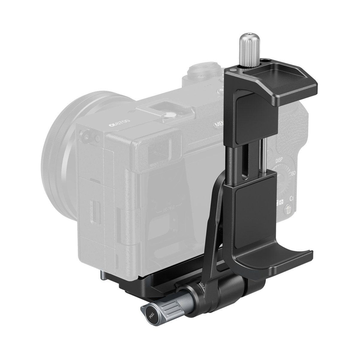 SmallRig 4695 Power Banks Montageplatten Kit für spiegellose Kameras - Anwendungsbeispiel: Kamerakäfig an spiegelloser Kamera befestigt, Seitenansicht mit Klemmmechanismus.