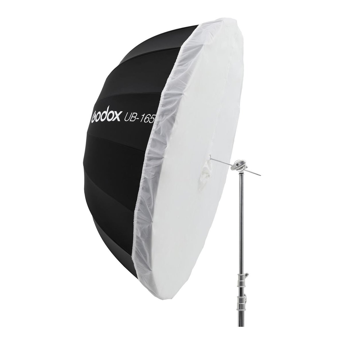 Godox 165cm Transparent Diffuser for Parabolic Umbrella - Seitliche Ansicht Godox UB-165 Parabolschirm auf Stativ