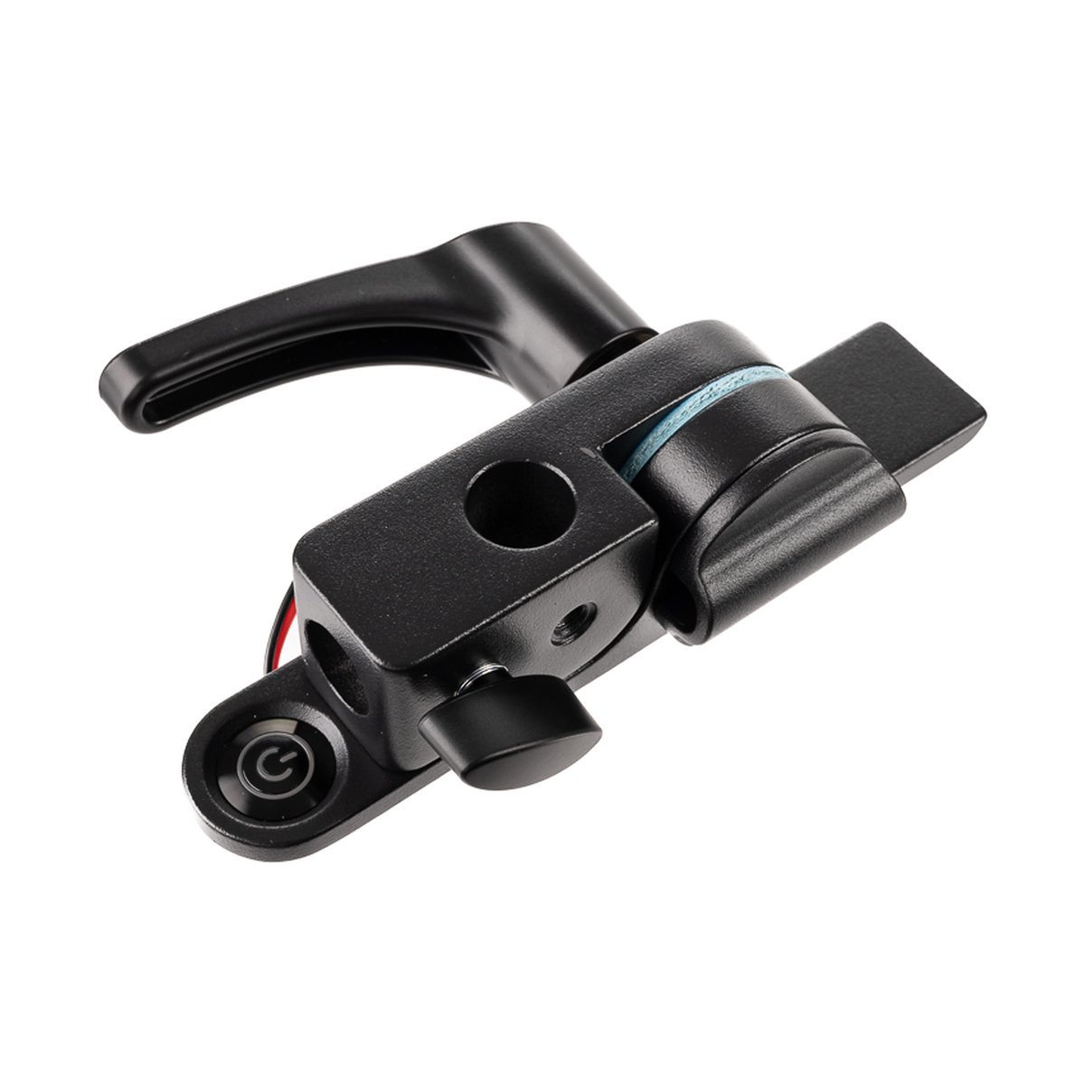 Godox AD600PRO - bracket with on/off switch - DETAILANSICHT: Schwarze Lenkerhalterung mit Klemmhebel und Power-Taste