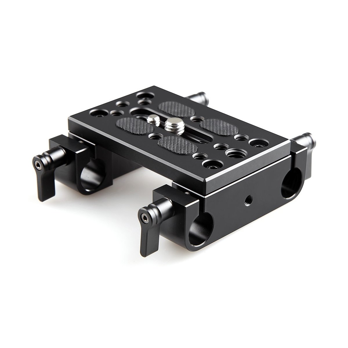 SmallRig 1775 Befestigungsplatte 15 mm mit doppelter 15 mm-Rodaufnahme - SCHRÄGANSICHT EINER SCHWARZEN BASISPLATTE MIT ROD-KLEMMEN FÜR KAMERA-RIGS