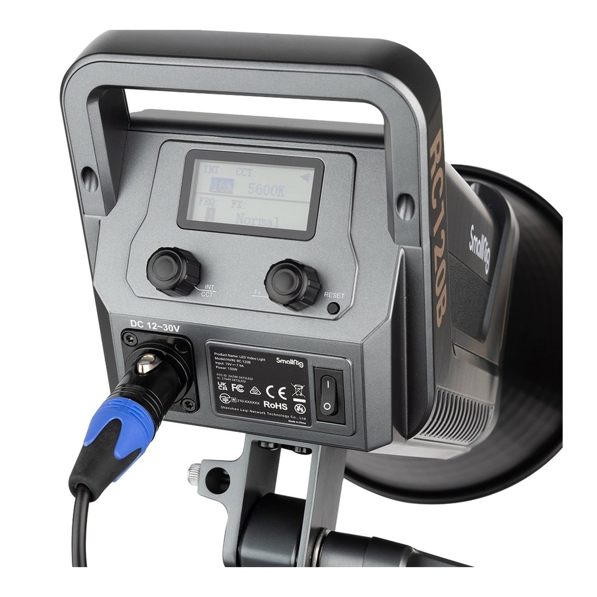 SmallRig 3615 RC 120B Bi-Color LED-Videoleuchte - Detailansicht Rückseite der LED-Videoleuchte mit Display, Reglern und Stromanschluss. SmallRig 3615 RC 120B Bi-Color LED-Videoleuchte - Detailansicht Rückseite der LED-Videoleuchte mit Display, Reglern und Stromanschluss.