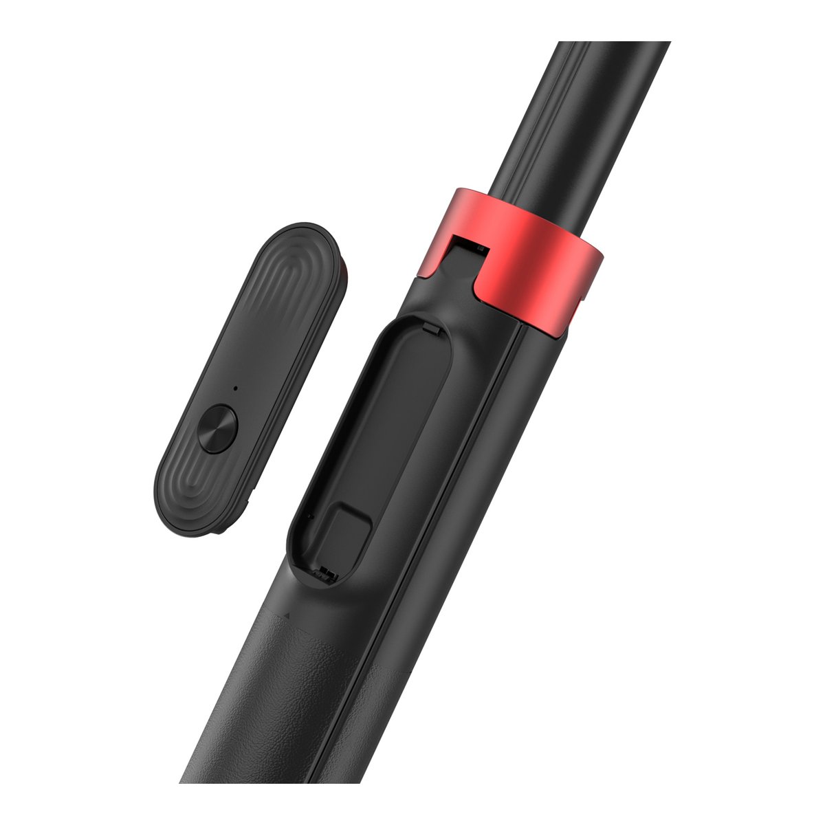 SmallRig 4731 ST-25 Pro schwarz Selfie Stick Stativ - Detailansicht der abnehmbaren Fernbedienung und ihres Einschubs am Griff.