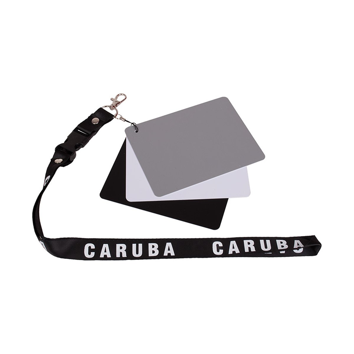 Caruba Digitale Graukarte DGC-2 - Produktansicht: Set aus Farbbalance-Karten (Grau, Weiß, Schwarz) und schwarzem Caruba-Lanyard.