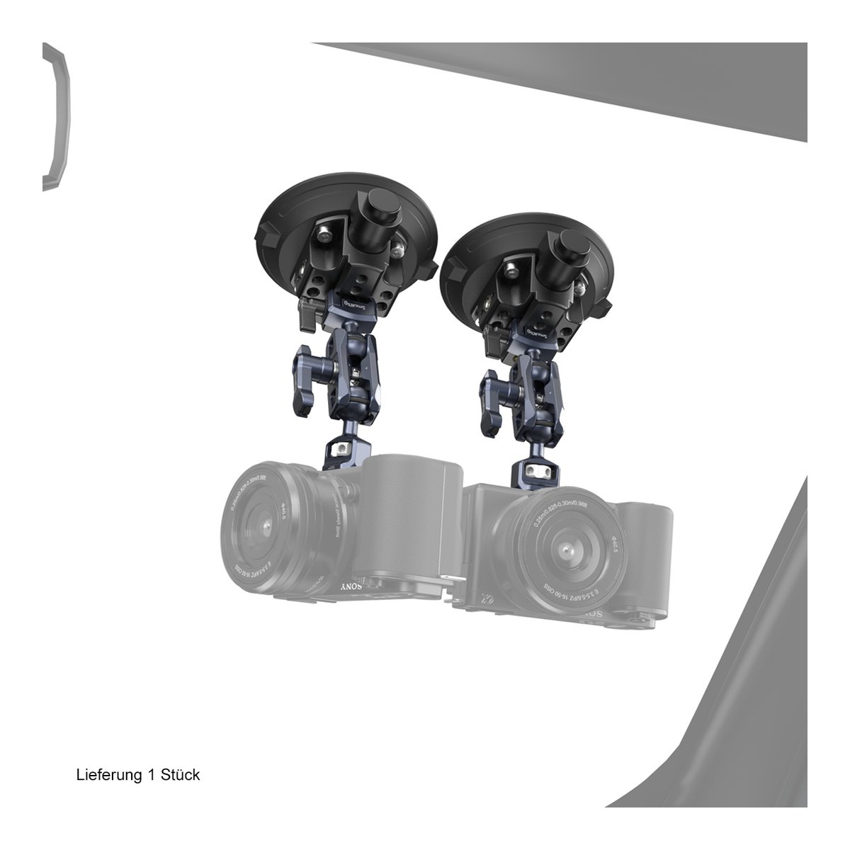 SmallRig 4236B 4" Saugnapf-Kamerahalterungsset für Fahrzeugaufnahmen - Anwendungsbeispiel: Zwei Saugfuß-Kamerahalterungen mit Kameras. Lieferumfang 1 Stück.