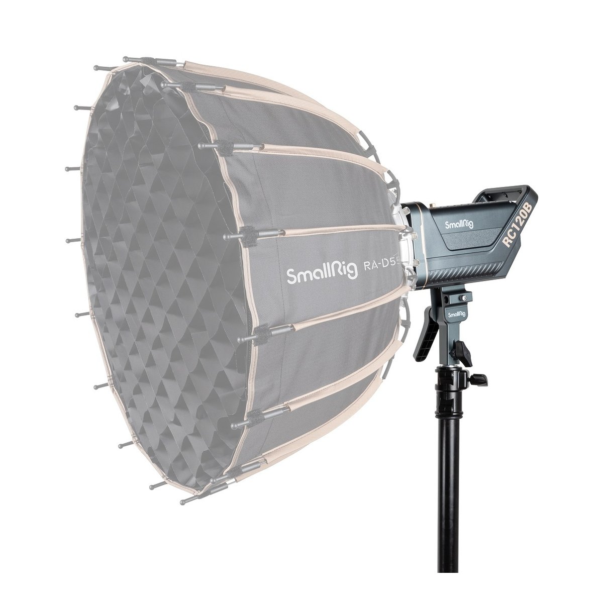 SmallRig 3615 RC 120B Bi-Color LED-Videoleuchte - Gesamtansicht SmallRig RC120B LED-Videoleuchte mit RA-D55 Parabol-Softbox auf Stativ