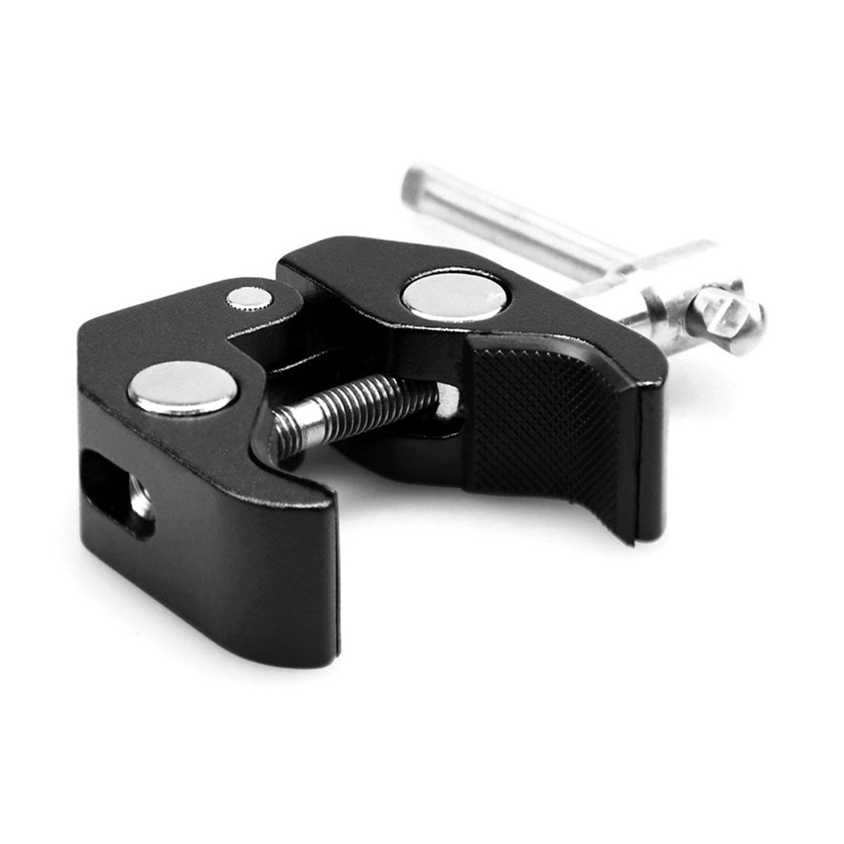 SmallRig 735 Super Clamp mit 1/4" und 3/8" Gewinde - Schräge Ansicht einer schwarzen Super Clamp mit Befestigungsstift