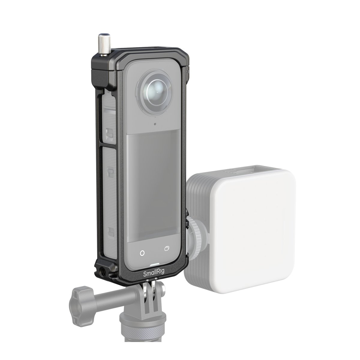 SmallRig 4278 Käfig für Insta360 X4 - Anwendungsbeispiel: SmallRig Käfig für 360-Kamera mit Zubehörlicht und Halterung.