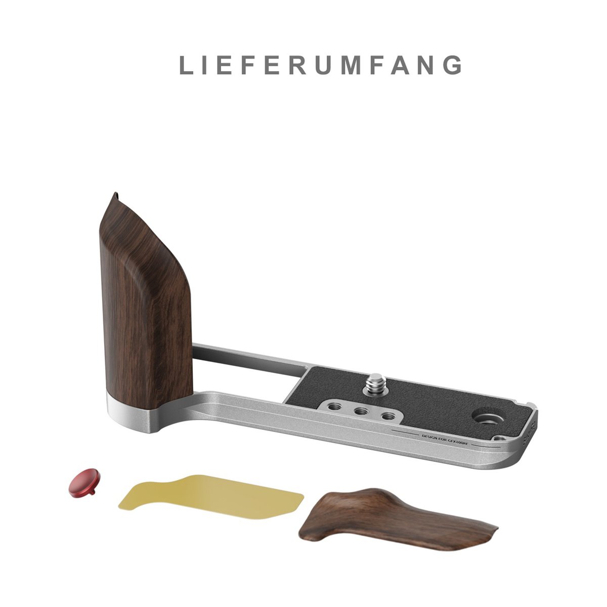 SmallRig 5266 L-Shape Mount Plate with Wooden Handle f. Fujifilm GFX100RF blk. - Lieferumfang: Kamera-Griff mit Holzgriff, separate Holzschale, roter Knopf und Klebepad