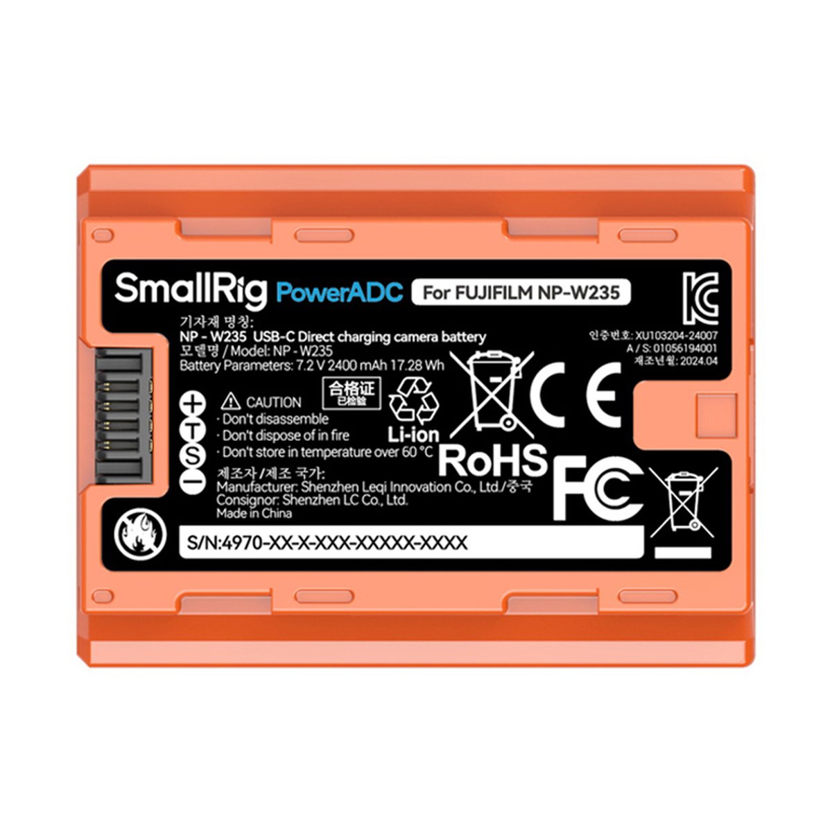 SmallRig 4970 NP-W235 USB-C Rechargeable Camera Battery (Orange) - SmallRig PowerADC Akku, Topansicht mit Beschriftung für Fujifilm NP-W235