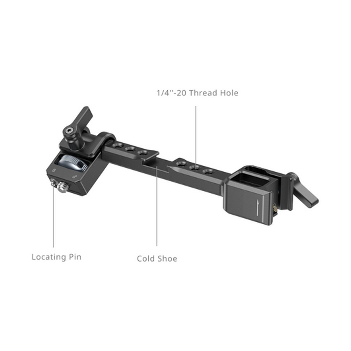 SmallRig 5337 Monitor Mount for DJI RS Series - Detailansicht der Cold Shoe Halterung mit beschrifteten Funktionen: 1/4-20 Gewinde, Cold Shoe, Fixierstift.