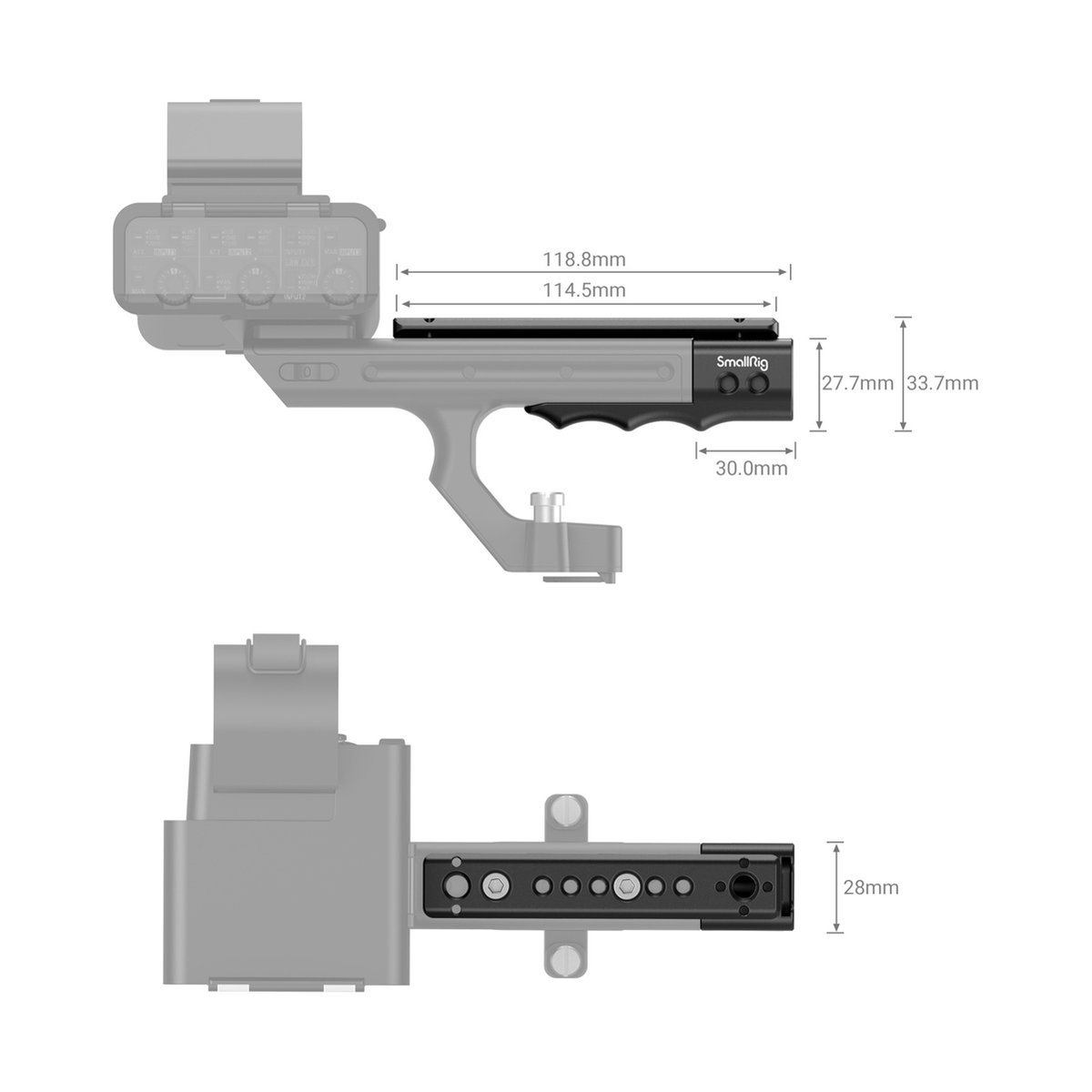 SmallRig 3490 XLR Handgrifferweiterung mit NATO Schiene für Sony FX3 - Maßzeichnung: Seiten- und Draufsicht des Kameragriffes mit Produktabmessungen.