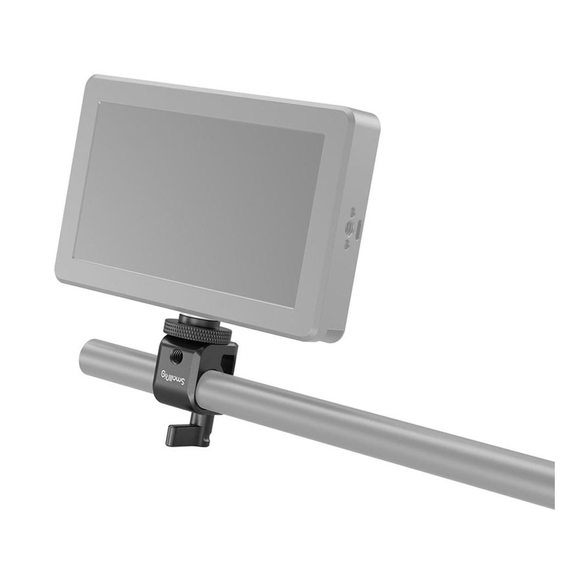 SmallRig 860B Single Rail Block Stativadapter - Anwendungsbeispiel: Monitor mit SmallRig-Klemme an Stange montiert
