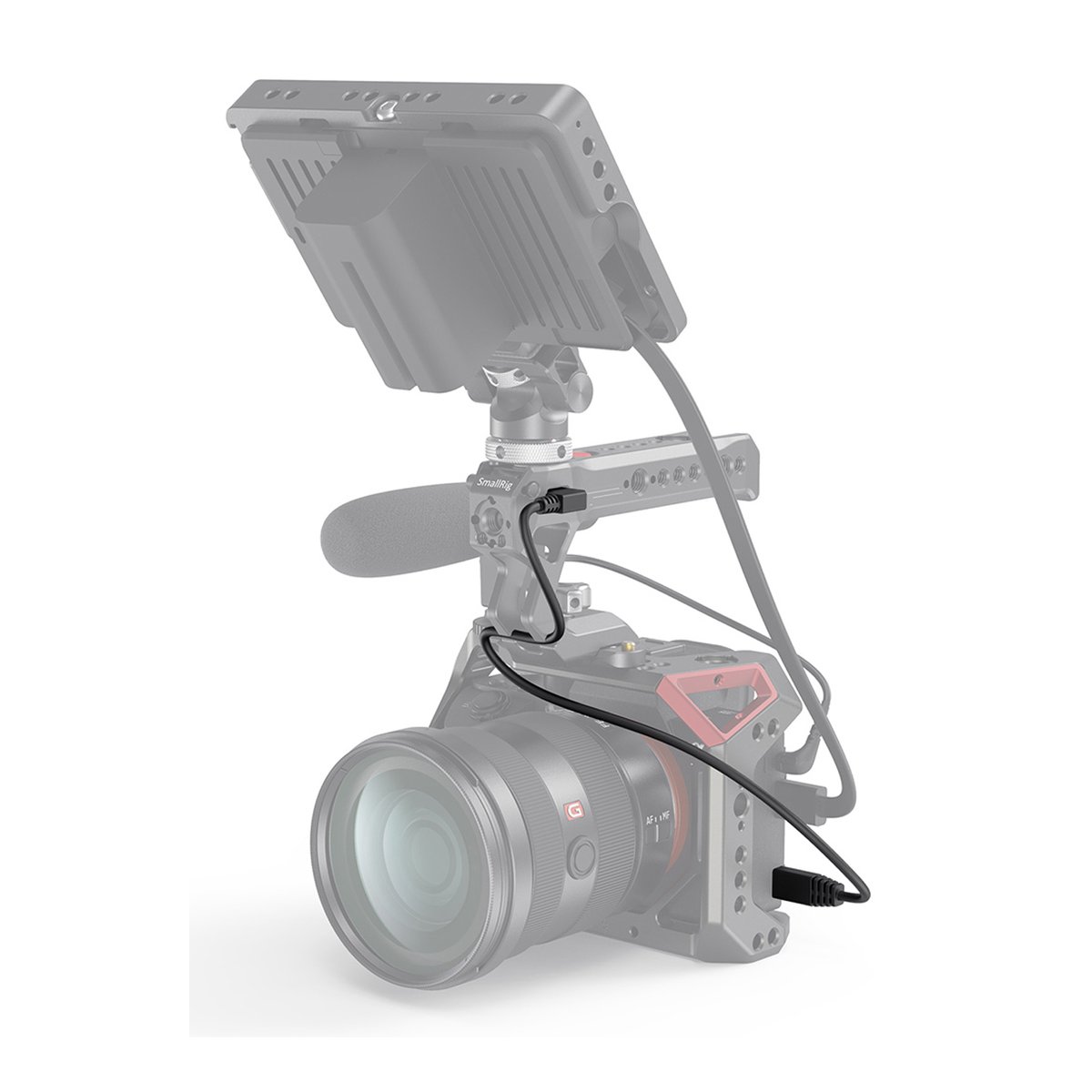 SmallRig 2971B Sony Multi-Camera Control Cable (Multi zu Typ-C) - Anwendungsbeispiel: Schwarzes Kabel verbindet Kameramonitor mit Rig.