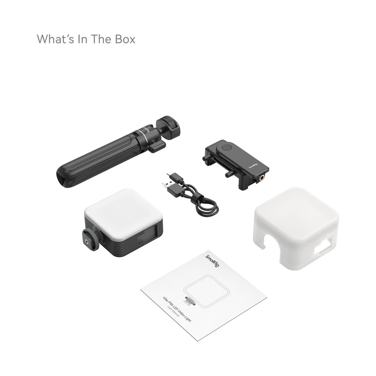 SmallRig 4367 Smartphone Vlog Stativ Kit VK-30 Erweiterte Version - Lieferumfang des SmallRig Vibe P96 LED Videolichts: Mini-Stativ, LED-Leuchte, Ladekabel, Halterung, Diffusor, Anleitung.