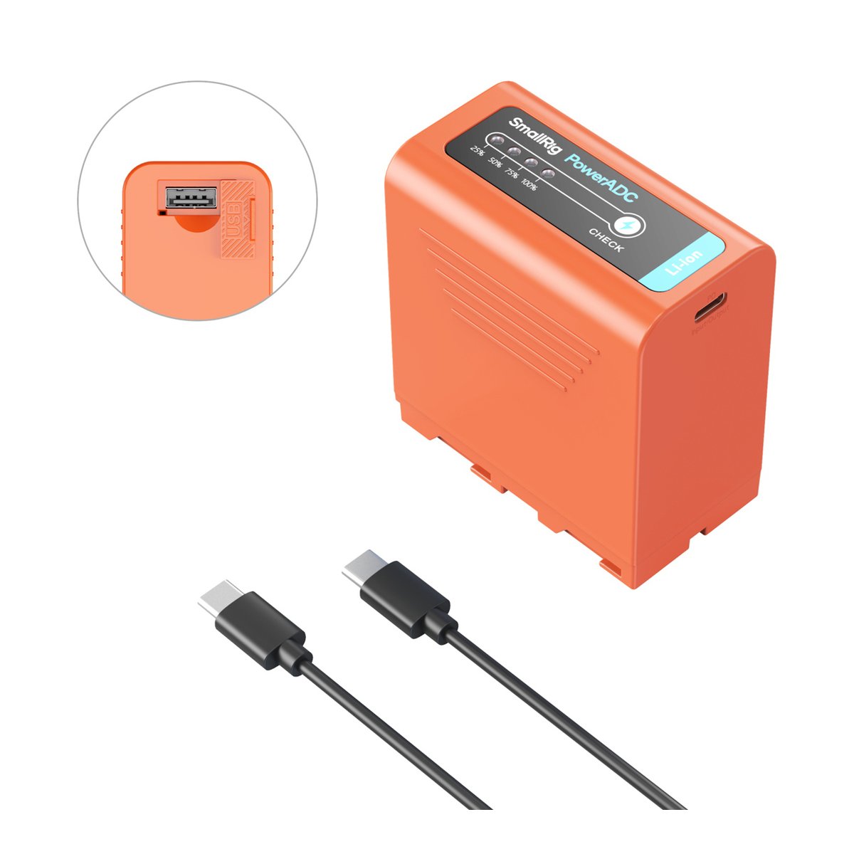 SmallRig 4972 NP-F970 USB-C Rechargeable Camera Battery (Orange) - Lieferumfang: Orangefarbener SmallRig PowerADC Akku, Detailansicht USB-A-Port, zwei USB-C Kabel.
