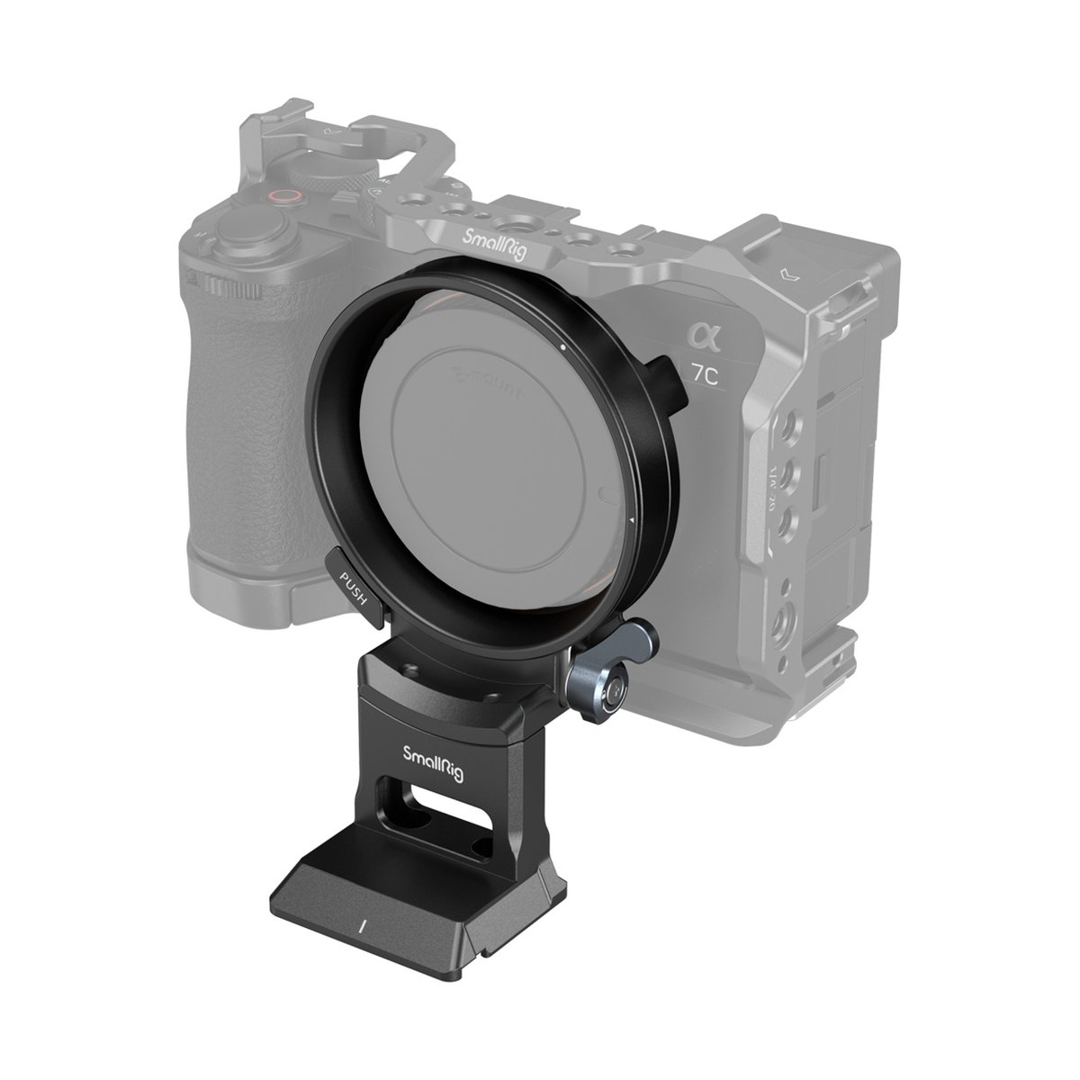 SmallRig 4424 Drehbare Horizontal- Vertikal-Montageplatte für Sony - Anwendungsbeispiel: SmallRig Objektivadapter-Halterung mit Arca-Swiss Basis am Kamerakäfig.
