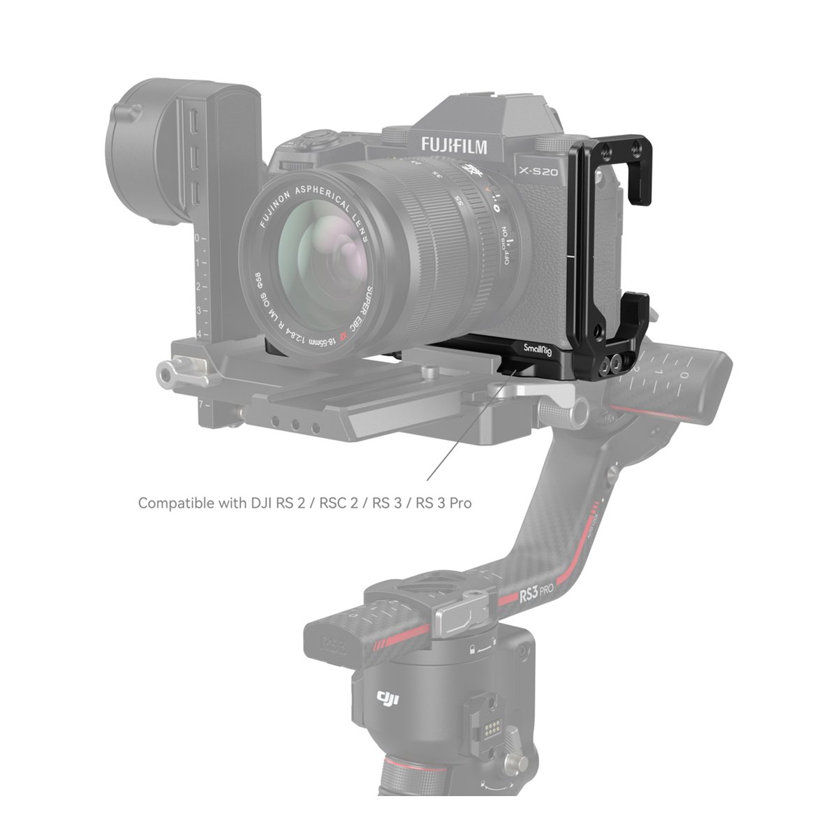 SmallRig 4231 L-Bracket für Fujifilm X-S20 - Anwendungsbeispiel: SmallRig L-Bracket montiert Fujifilm X-S20 Kamera auf DJI RS 3 Pro Gimbal.