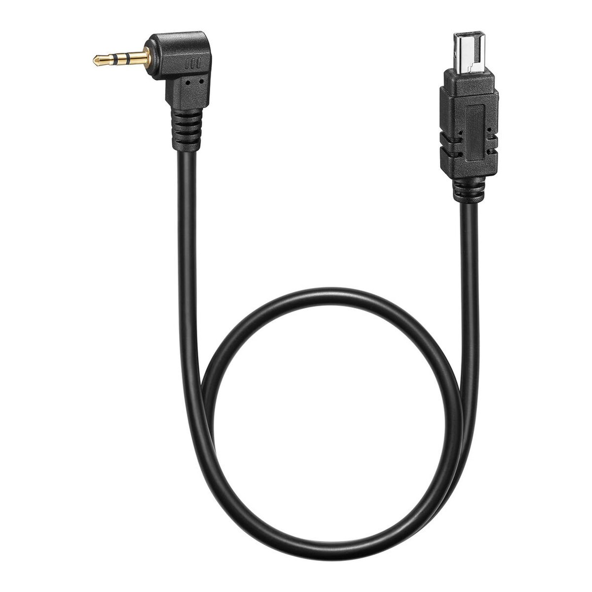 Godox Digital Timer Remote TR-N3 Nikon - Produktansicht: schwarzes Kabel mit gewinkeltem 2.5mm Klinkenstecker und Mini-USB-B Stecker.