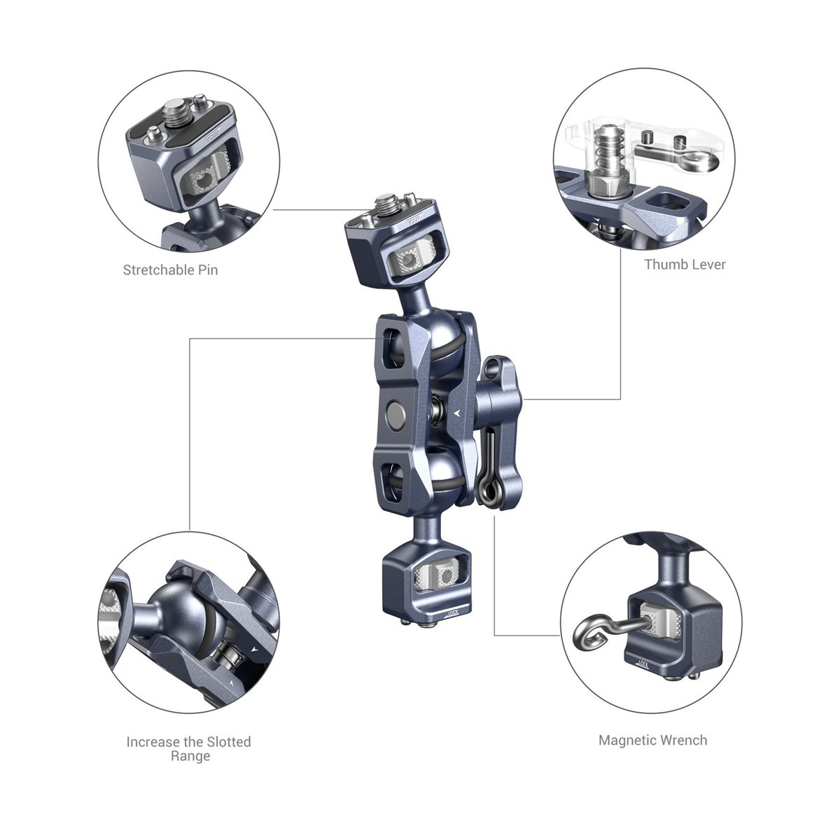 SmallRig 3873 Magic Arm mit Doppelkugelkopf (1/4"-20-Schrauben) - Detailansicht der Produktmerkmale: ausziehbarer Stift, Daumenhebel, erweiterter Schlitzbereich und Magnetschlüssel. SmallRig 3873 Magic Arm mit Doppelkugelkopf (1/4"-20-Schrauben) - Detailansicht der Produktmerkmale: ausziehbarer Stift, Daumenhebel, erweiterter Schlitzbereich und Magnetschlüssel.