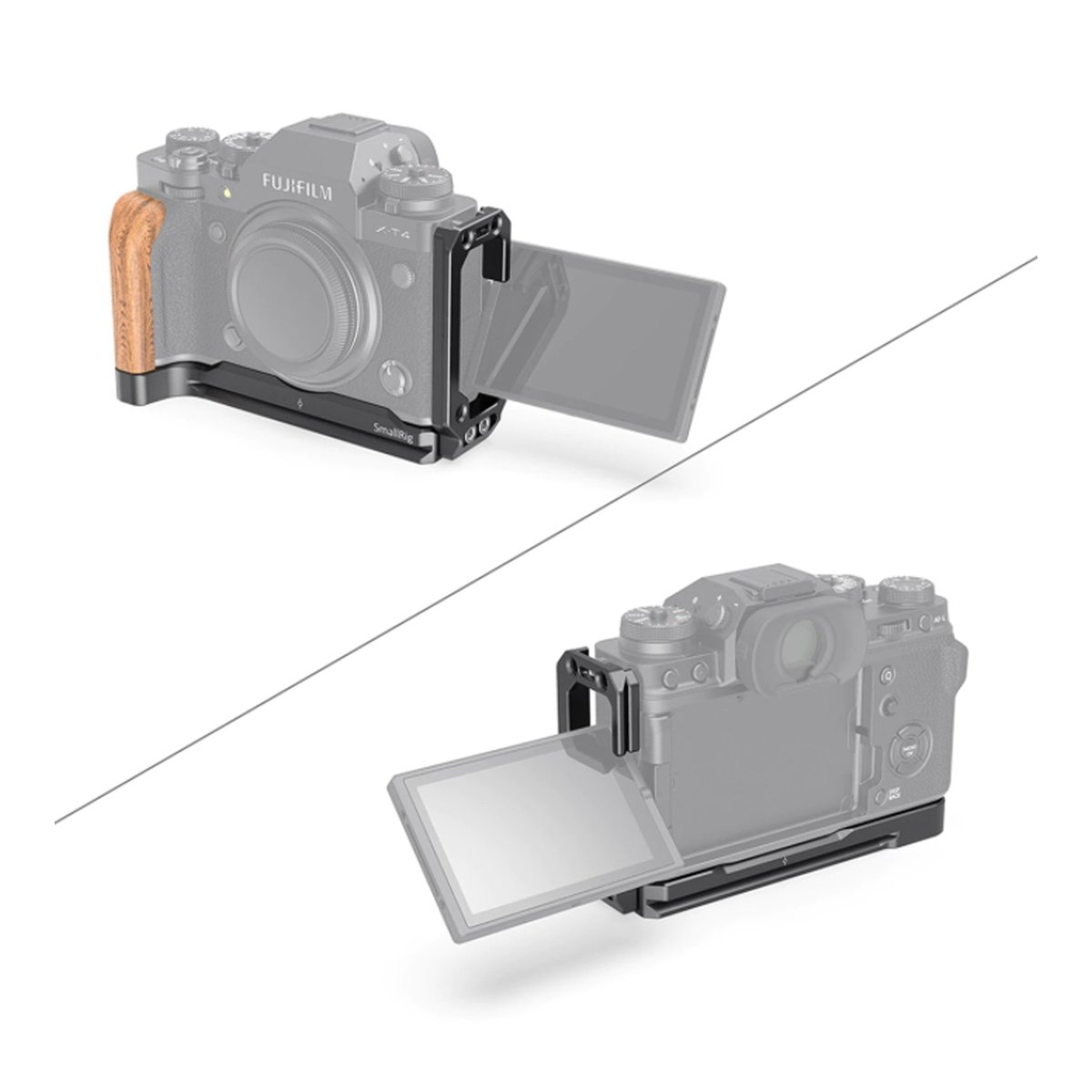 SmallRig LCF2811 L-Bracket für Fujifilm X-T4 - Anwendungsbeispiel L-Bracket an Kamera, mit ausgeklapptem Display, von vorne und hinten gezeigt.