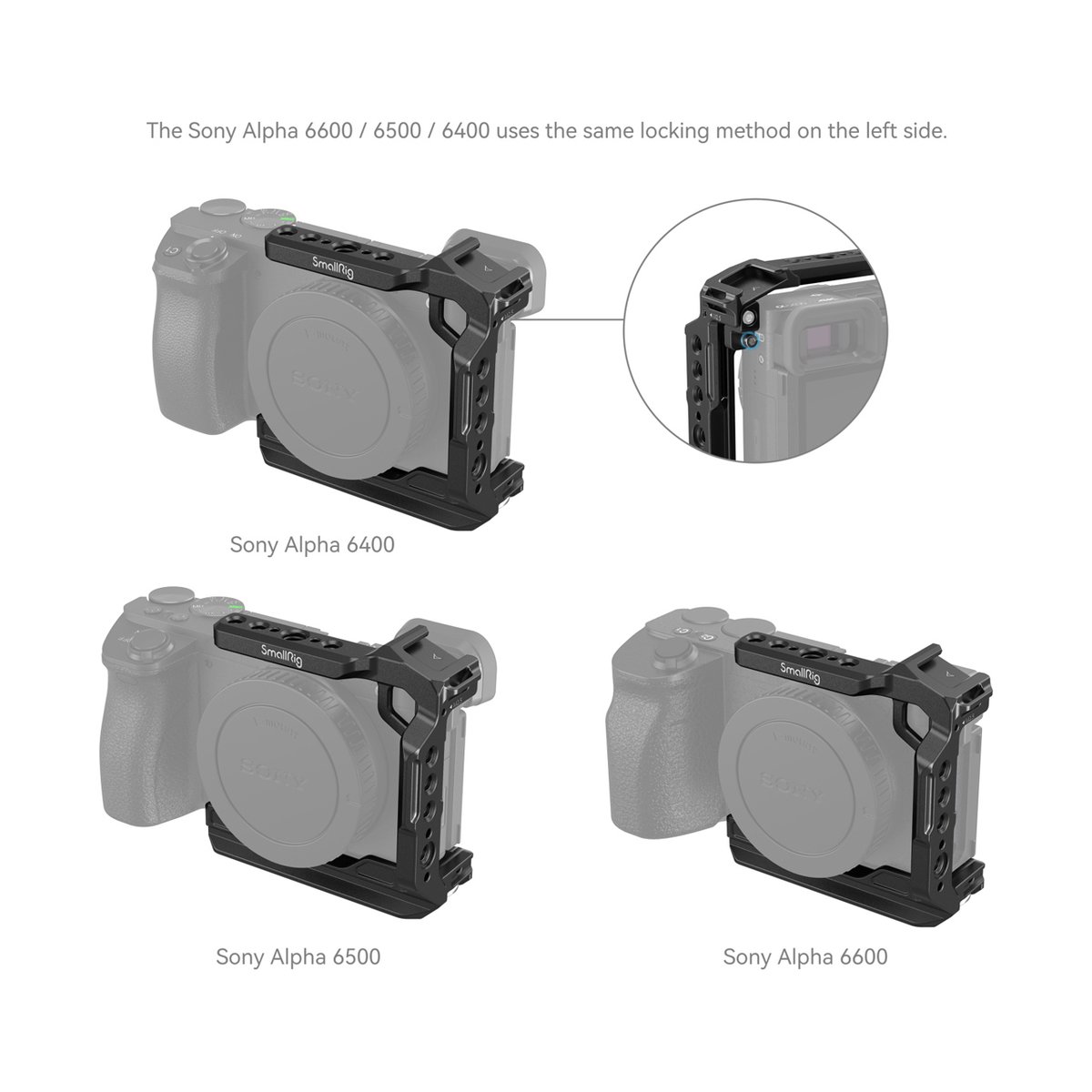 SmallRig 4337 Half Cage für Sony Alpha 6700/6600/6500/6400 - Detailansicht: Linksseitiger Verriegelungsmechanismus und Passform von SmallRig Cages an Sony Alpha 6400/6500/6600 Kameras