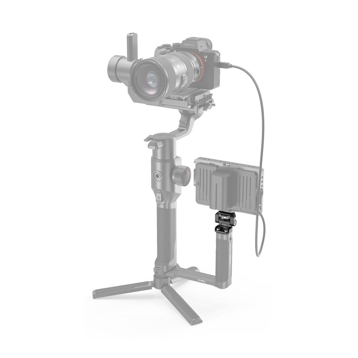 SmallRig 2904B Swivel & Tilt Monitor- Halterung mit zwei 1/4" Schrauben - Anwendungsbeispiel: Externer Monitor mit Gelenkarm an Gimbal montiert
