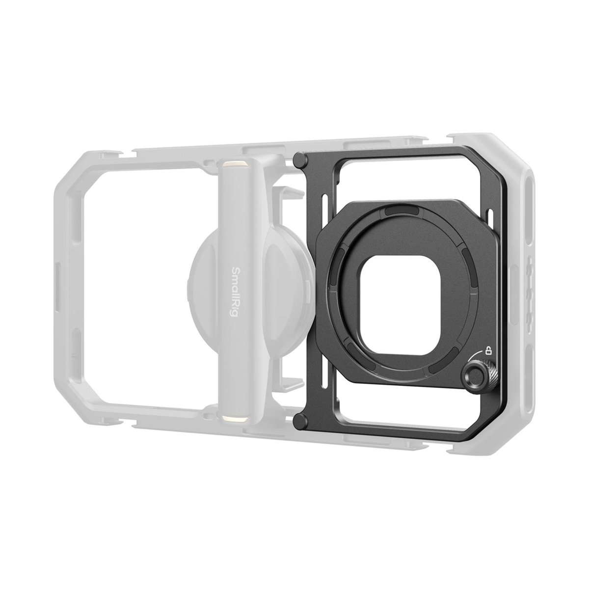 SmallRig 4843 Magnetischer Filteradapter für Universal Mobile Video Cage 67mm - Detailansicht: Objektiv-/Filteradapter montiert an SmallRig Smartphone-Cage