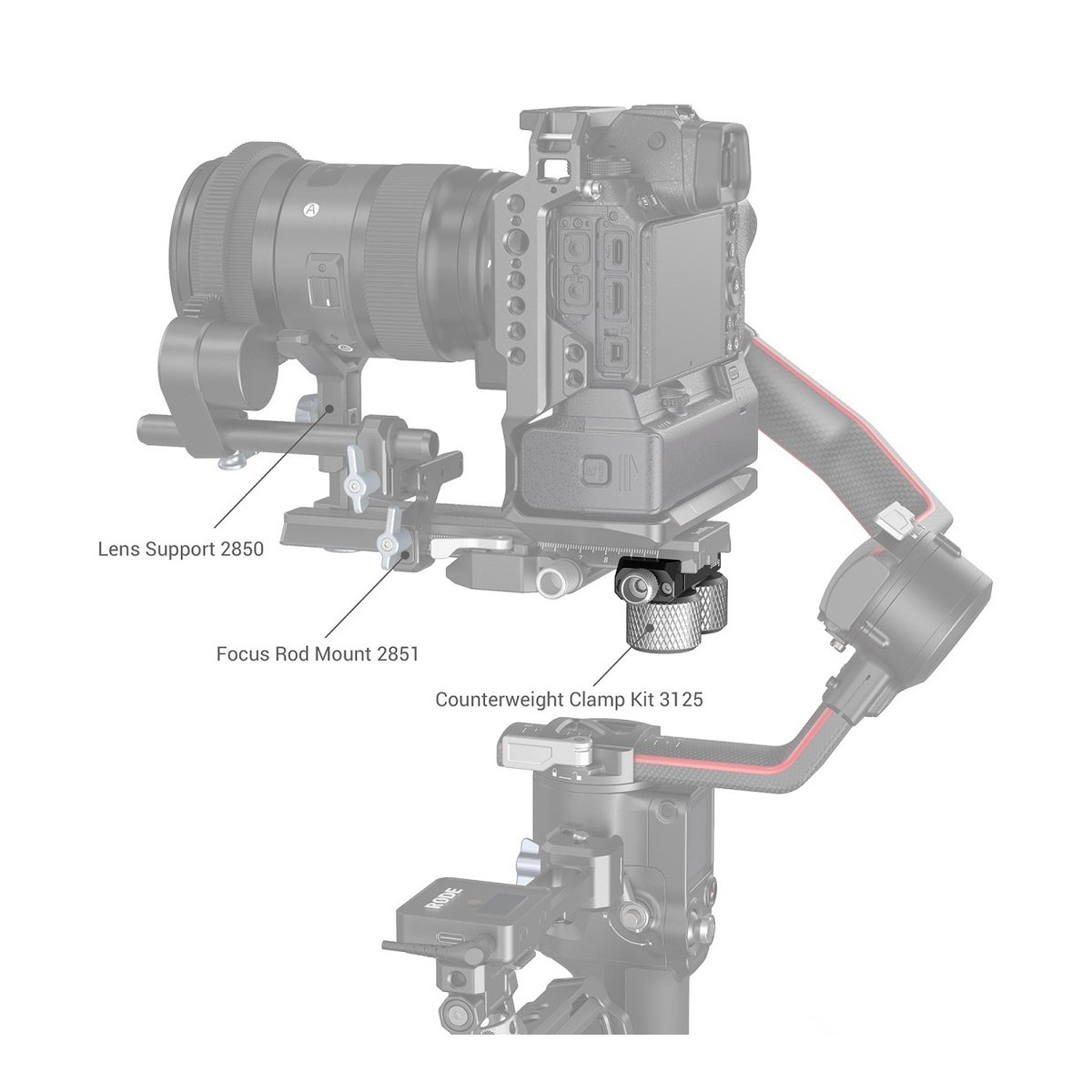 SmallRig 3031B Erweiterte QR-Platte für DJI RS 2 / Ronin-S / RS 3 / RS 3 Pro - Anwendungsbeispiel: Kamera auf Gimbal mit Objektivstütze, Fokusstangenhalterung und Gegengewichtsklemme.