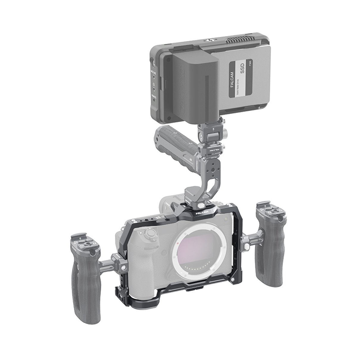 Falcam F22 & F38 FUJIFILM Quick Release Camera Cage (FOR FUJIFILM GFX100S) 2734 - Kamera-Rig Setup mit Cage, Top-Handle, Side-Handles und Monitorhalterung.