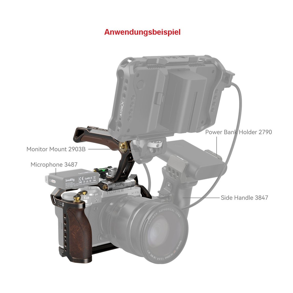 SmallRig 3872 Retro Handheld Cage Kit für Fujifilm X-T5 - Anwendungsbeispiel: Kamerarig mit Monitorhalterung, Mikrofon, Powerbank-Halter, Seitenhandgriff.
